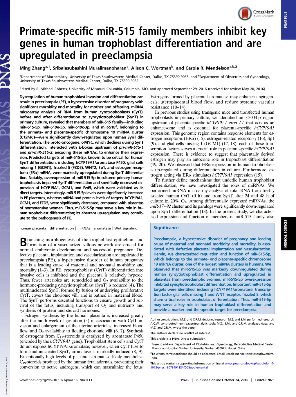 Primate-Specific Mir-515 Family Members Inhibit Key Genes in Human Trophoblast Differentiation and Are Upregulated in Preeclamps