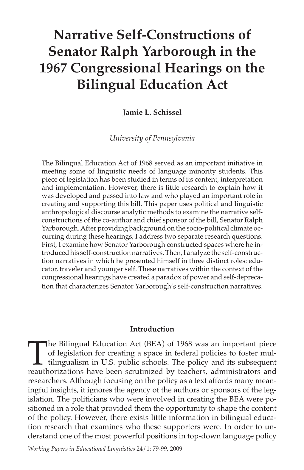 Narrative Self-Constructions of Senator Ralph Yarborough in the 1967 Congressional Hearings on the Bilingual Education Act