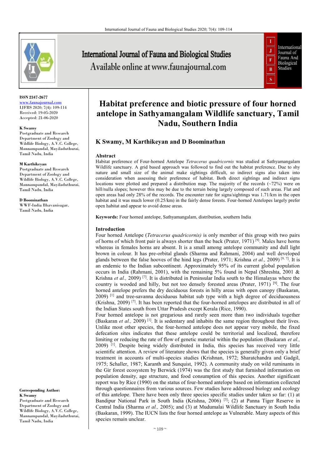 Habitat Preference and Biotic Pressure of Four Horned Antelope In