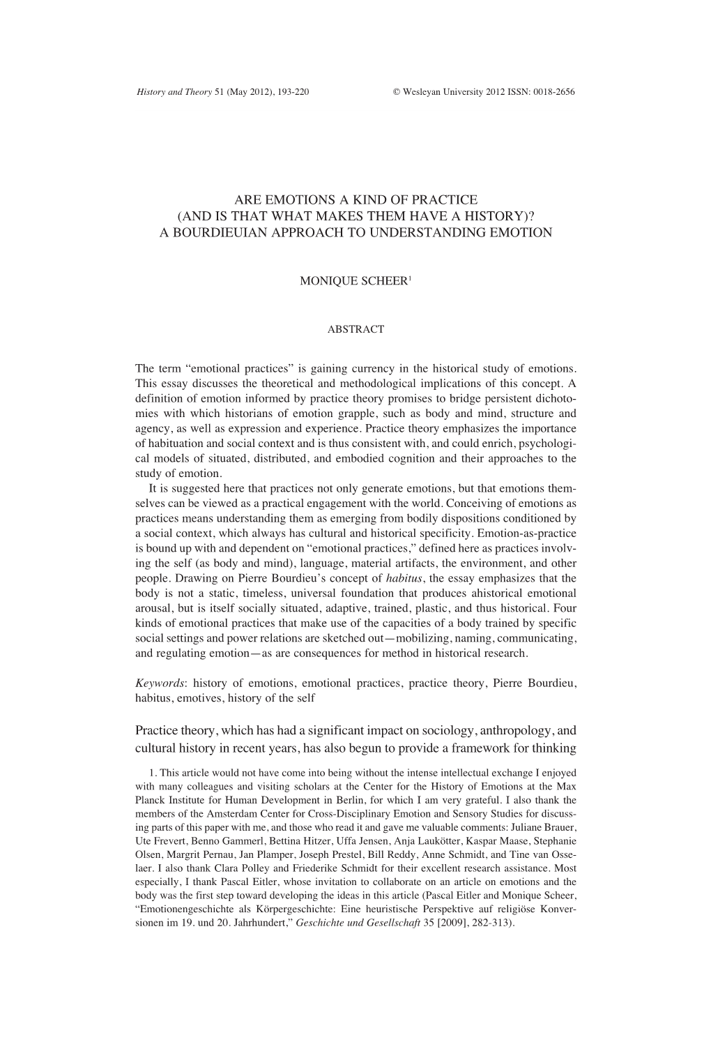 Are Emotions a Kind of Practice (And Is That What Makes Them Have a History)? a Bourdieuian Approach to Understanding Emotion