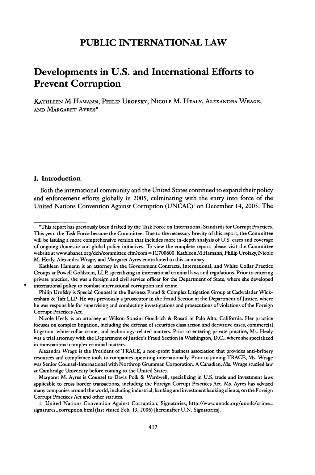 Developments in U.S. and International Efforts to Prevent Corruption