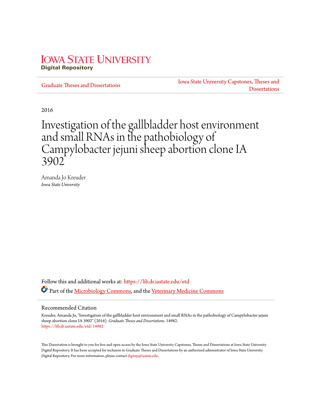 Investigation of the Gallbladder Host Environment and Small Rnas in the Pathobiology of Campylobacter Jejuni Sheep Abortion Clon