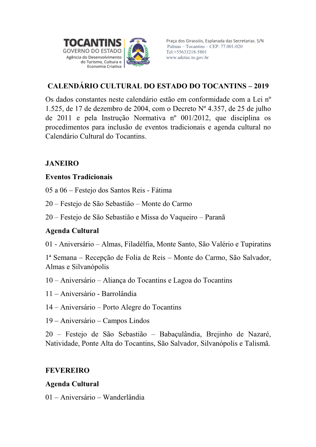 Calendário Cultural Do Estado Do Tocantins