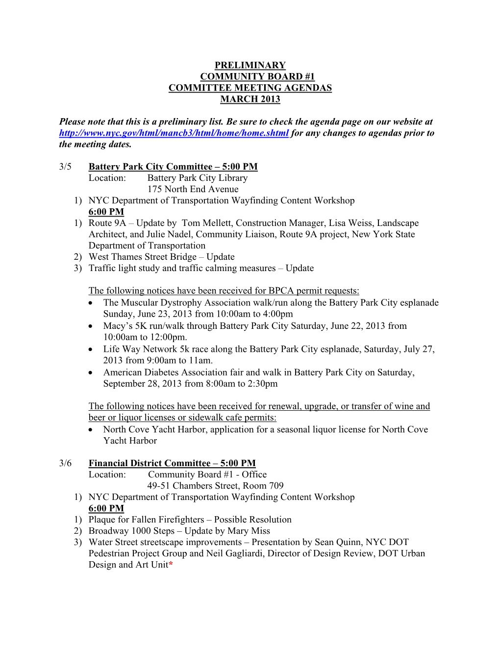 Preliminary Community Board #1 Committee Meeting Agendas March 2013