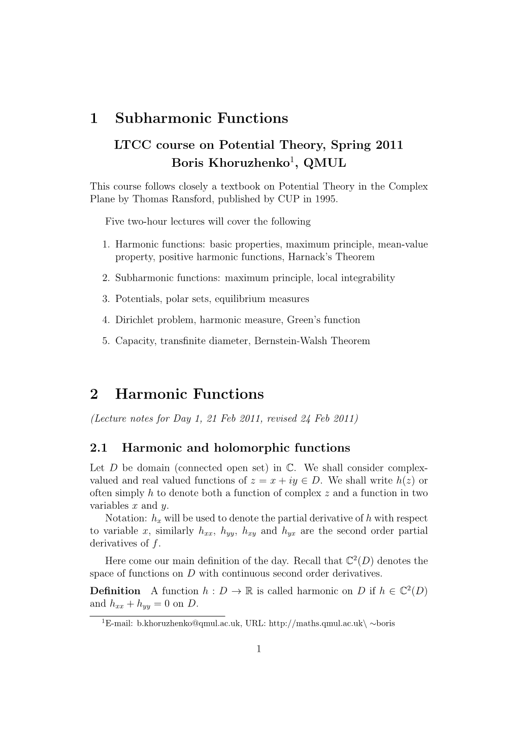 1 Subharmonic Functions 2 Harmonic Functions