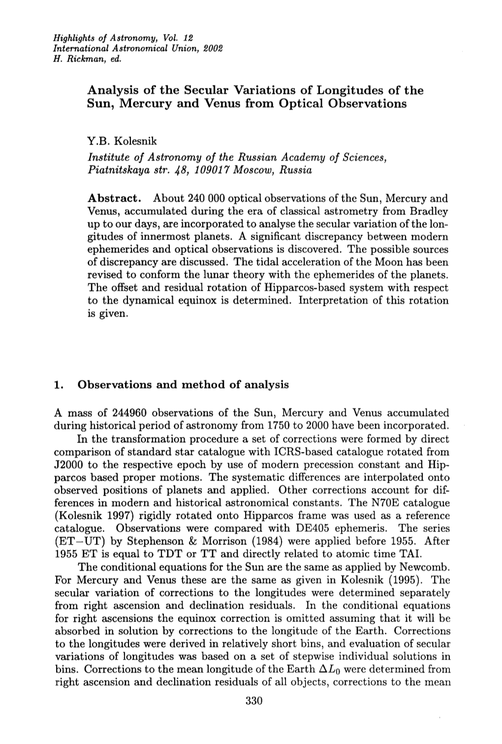 Analysis of the Secular Variations of Longitudes of the Sun, Mercury and Venus from Optical Observations