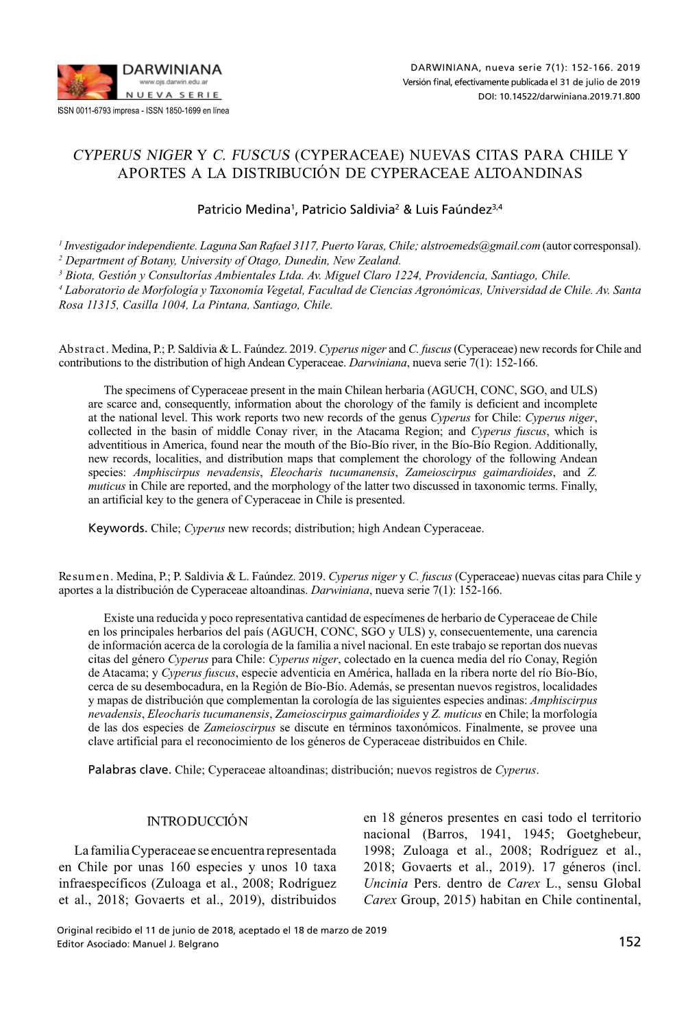 Cyperus Niger Y C. Fuscus (Cyperaceae) Nuevas Citas Para Chile Y Aportes a La Distribución De Cyperaceae Altoandinas