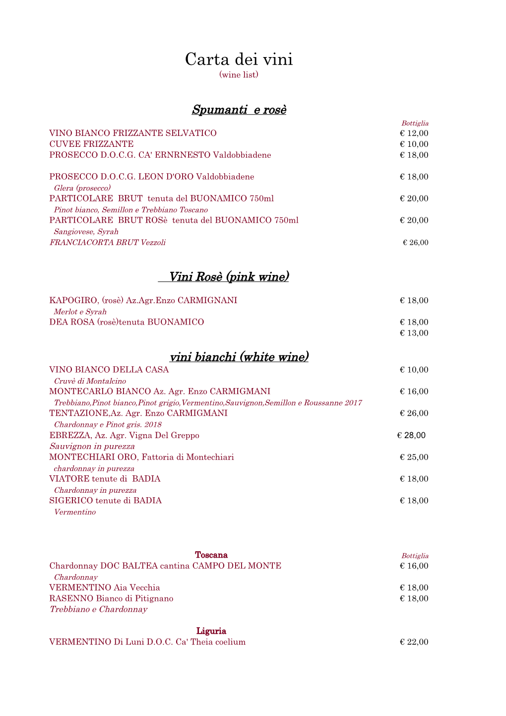 Carta Dei Vini (Wine List)