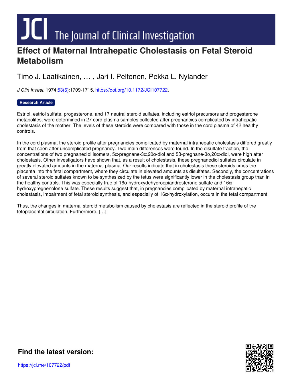 Effect of Maternal Intrahepatic Cholestasis on Fetal Steroid Metabolism