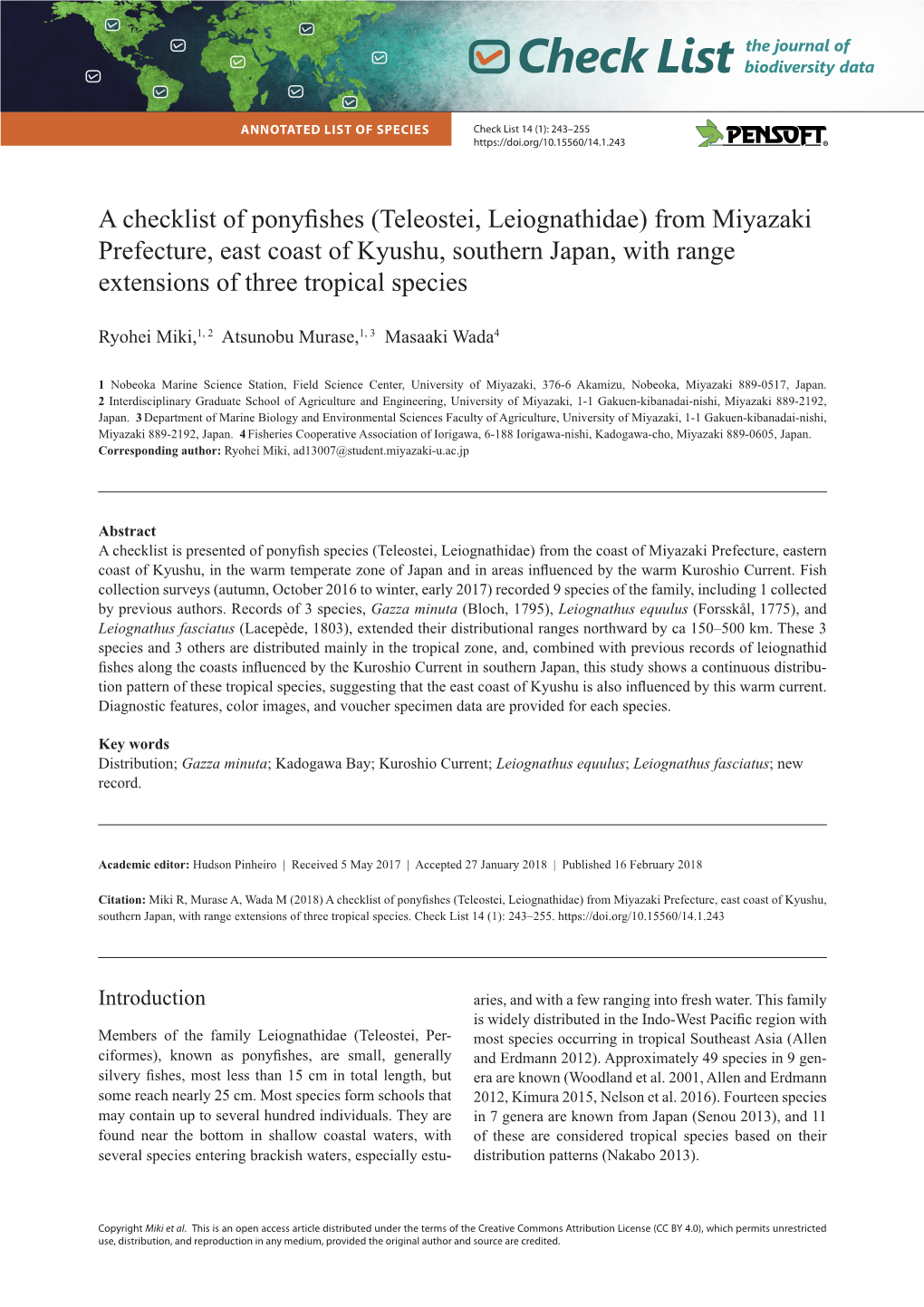 (Teleostei, Leiognathidae) from Miyazaki Prefecture, East Coast of Kyushu, Southern Japan, with Range Extensions of Three Tropical Species