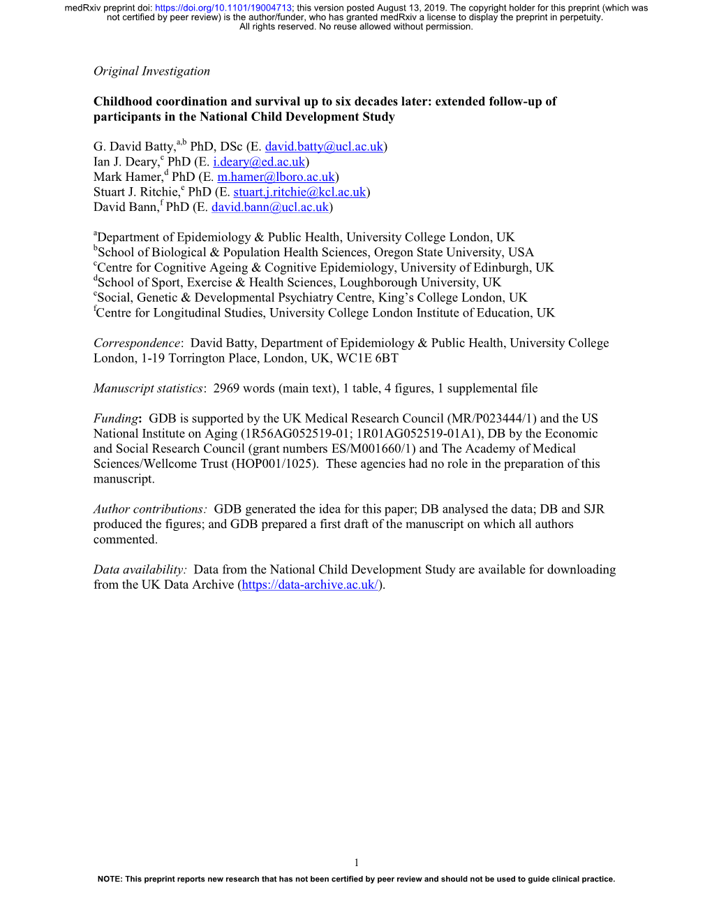 Childhood Coordination and Survival up to Six Decades Later: Extended Follow-Up of Participants in the National Child Development Study