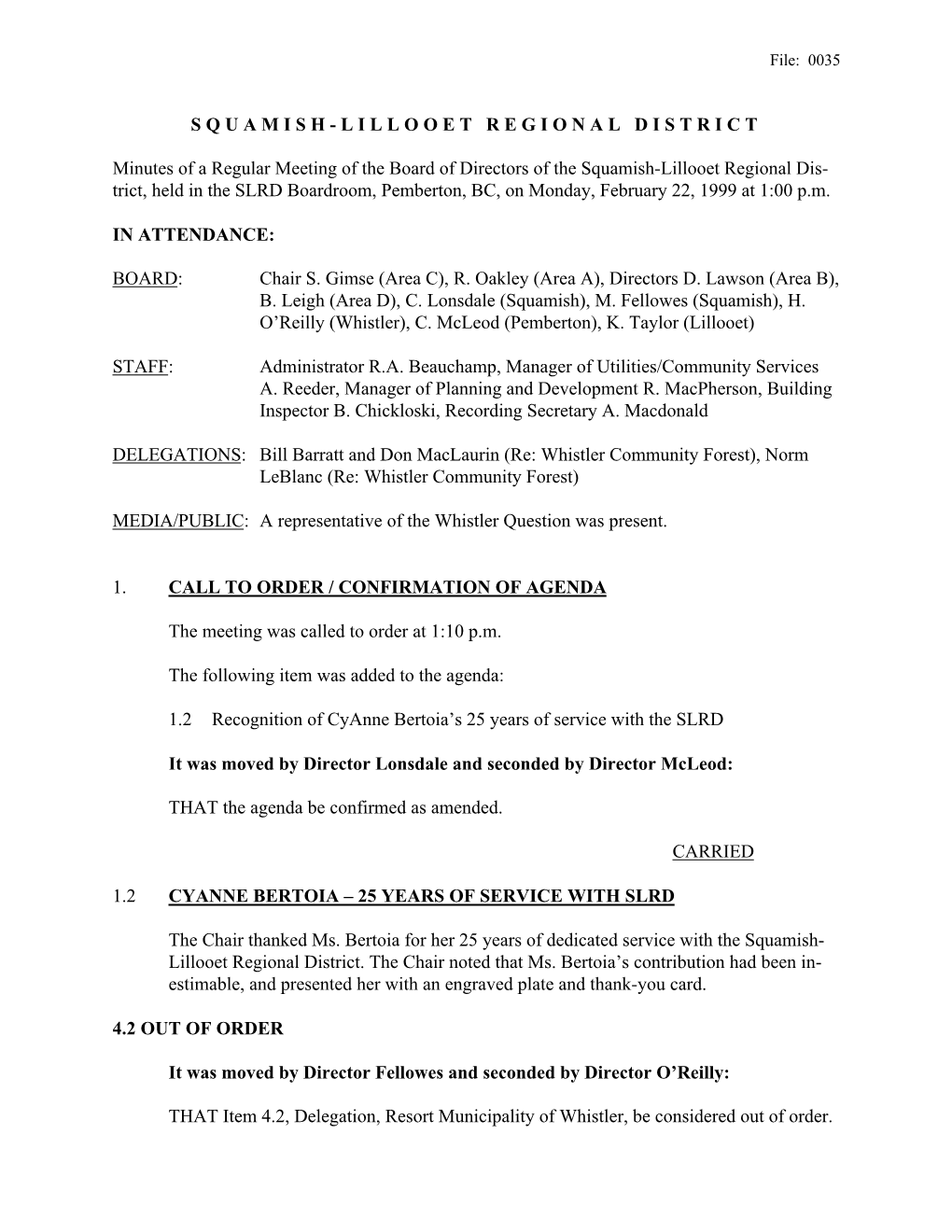 SQUAMISH-LILLOOET REGIONAL DISTRICT Minutes of a Regular Meeting of the Board of Directors of the Squamish-Lillooet Regional