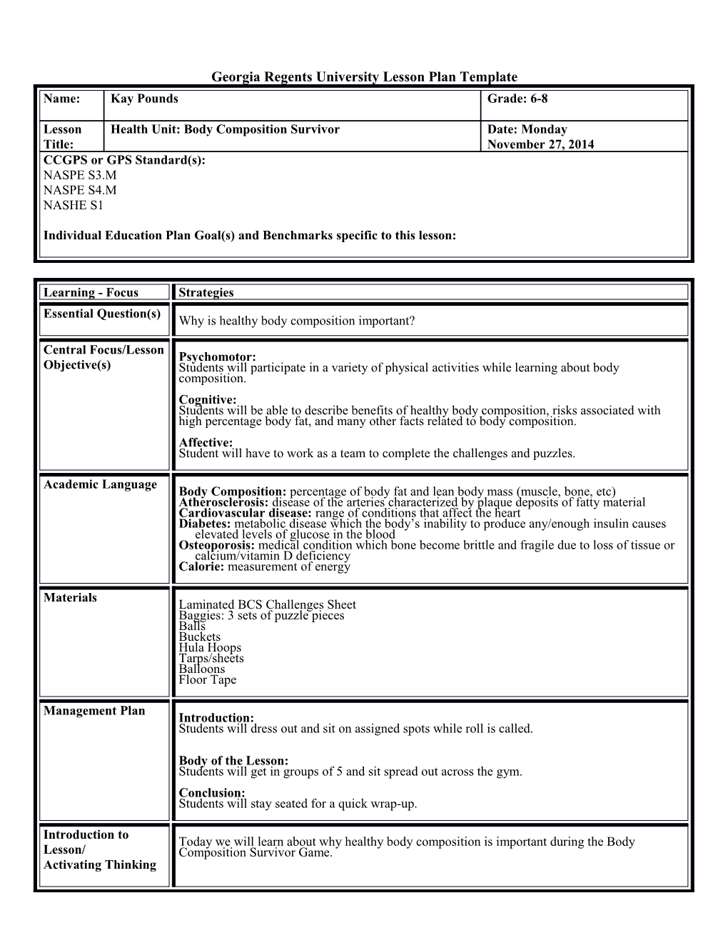 Georgia Regents University Lesson Plan Template