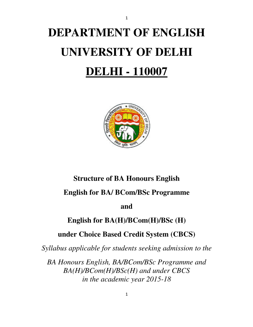 Department of English University of Delhi Delhi - 110007