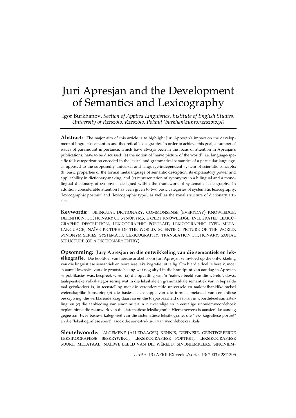 Juri Apresjan and the Development of Semantics and Lexicography1