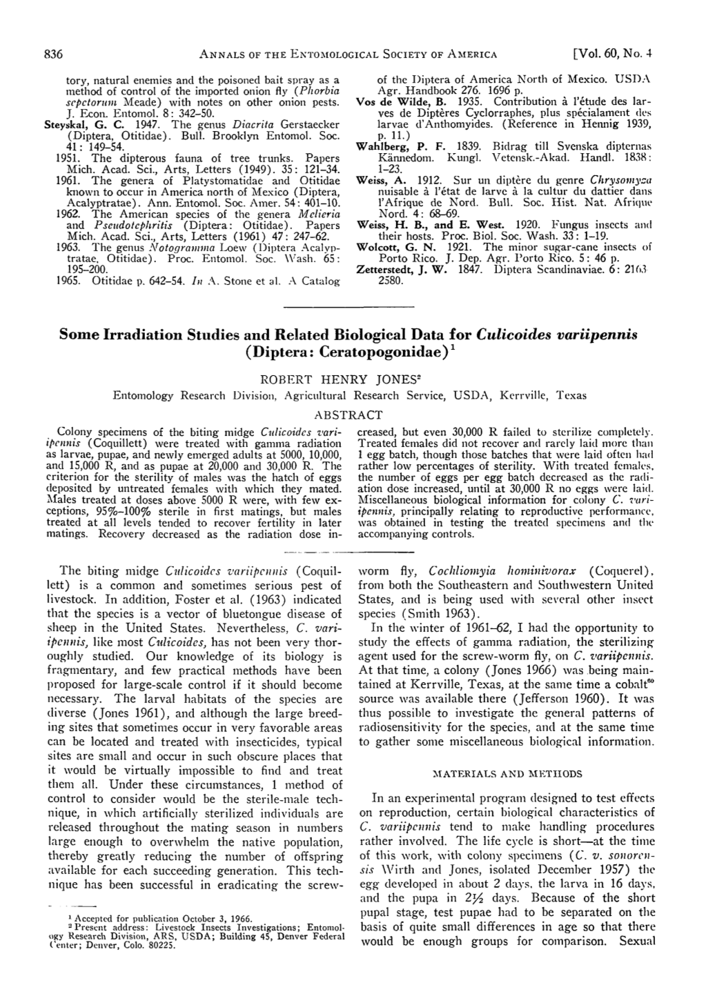 Some Irradiation Studies and Related Biological Data for Culicoides Variipennis (Diptera: Ceratopogonidae)1