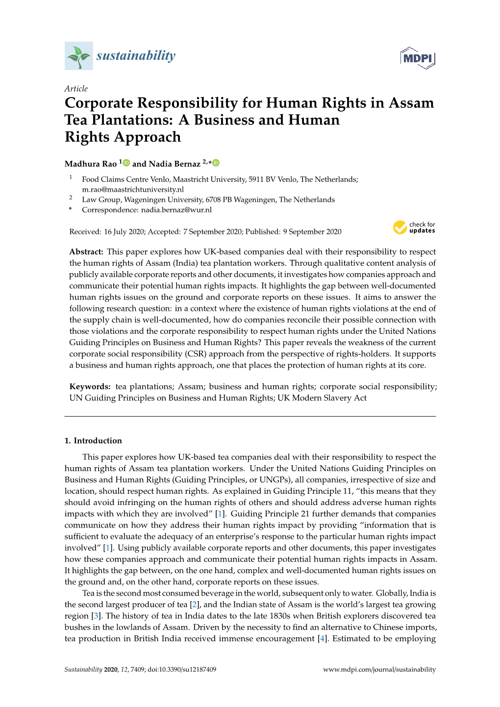 Corporate Responsibility for Human Rights in Assam Tea Plantations: a Business and Human Rights Approach
