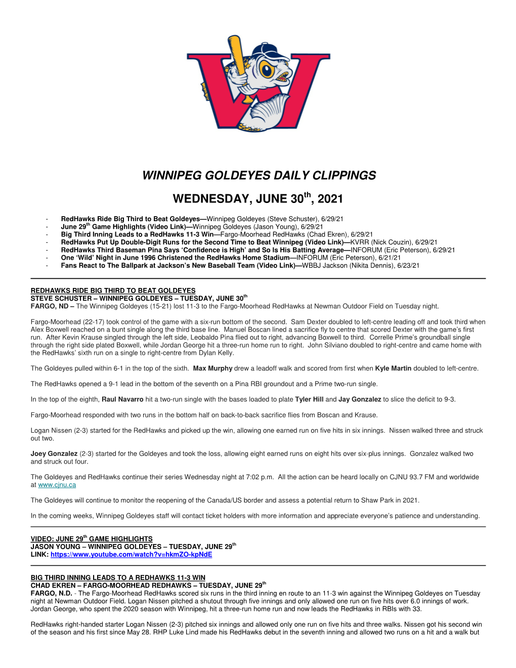 Winnipeg Goldeyes Daily Clippings Wednesday, June