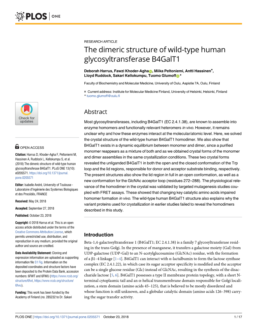 The Dimeric Structure of Wild-Type Human Glycosyltransferase B4galt1