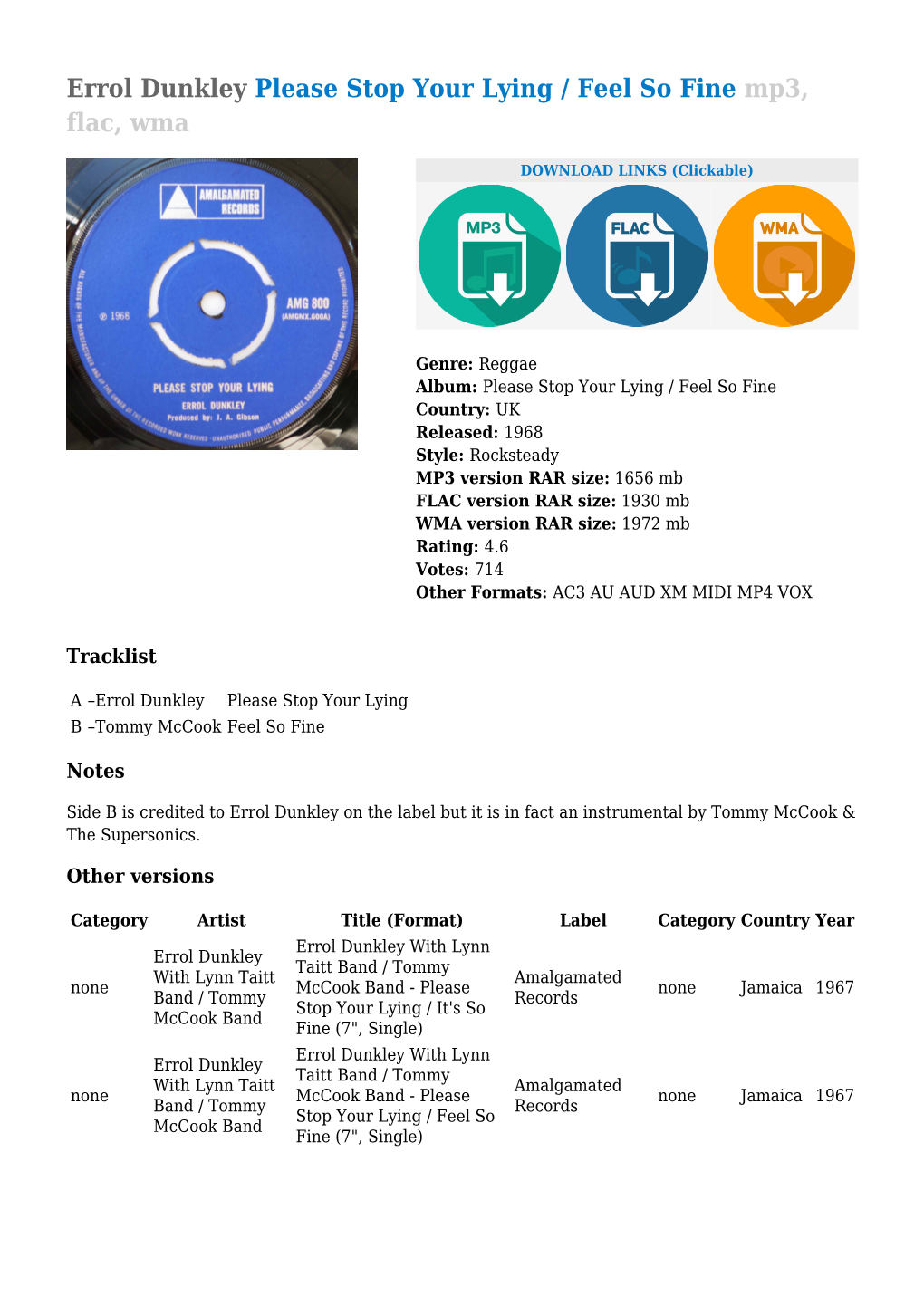 Errol Dunkley Please Stop Your Lying / Feel So Fine Mp3, Flac, Wma