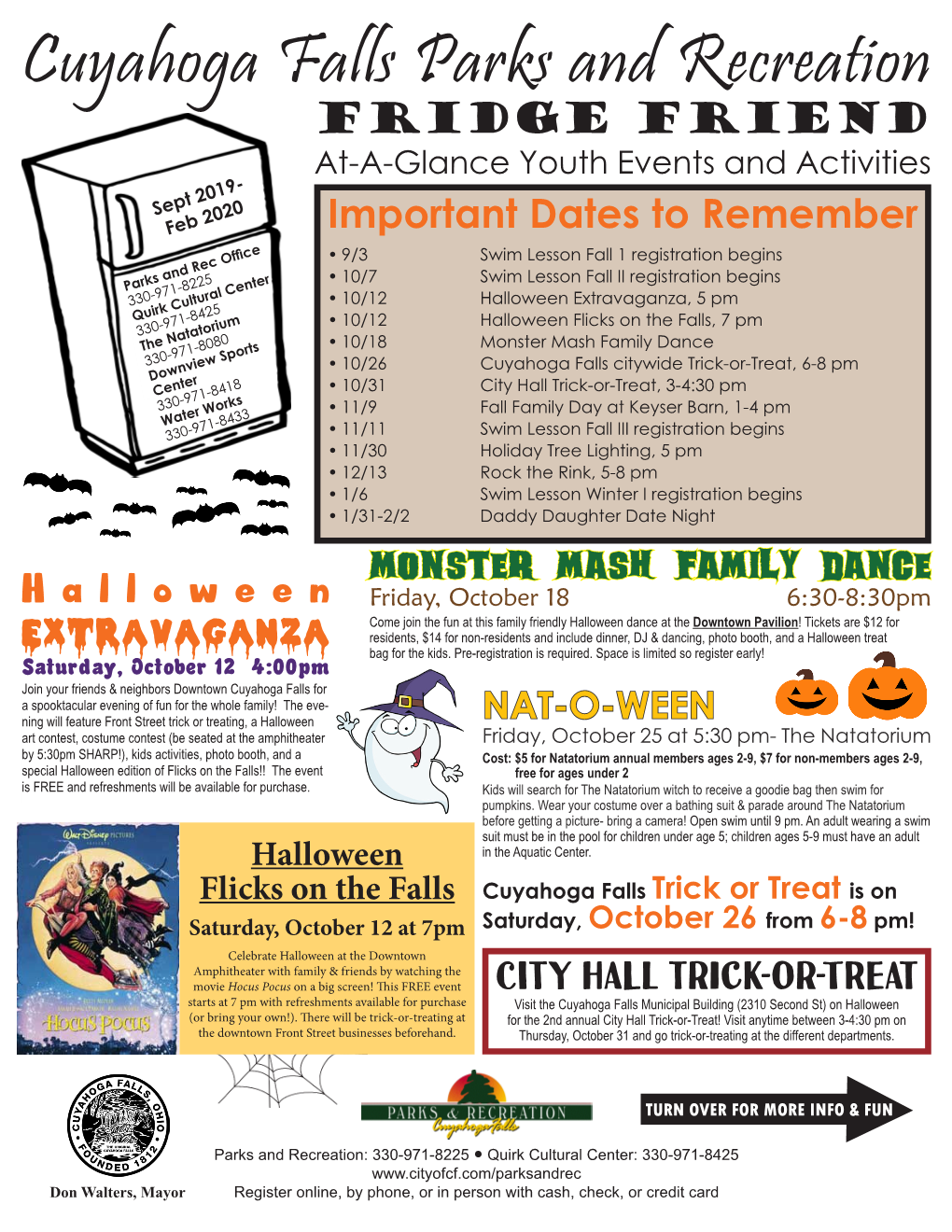 Cuyahoga Falls Parks and Recreation Fridge Friend At-A-Glance Youth Events and Activities