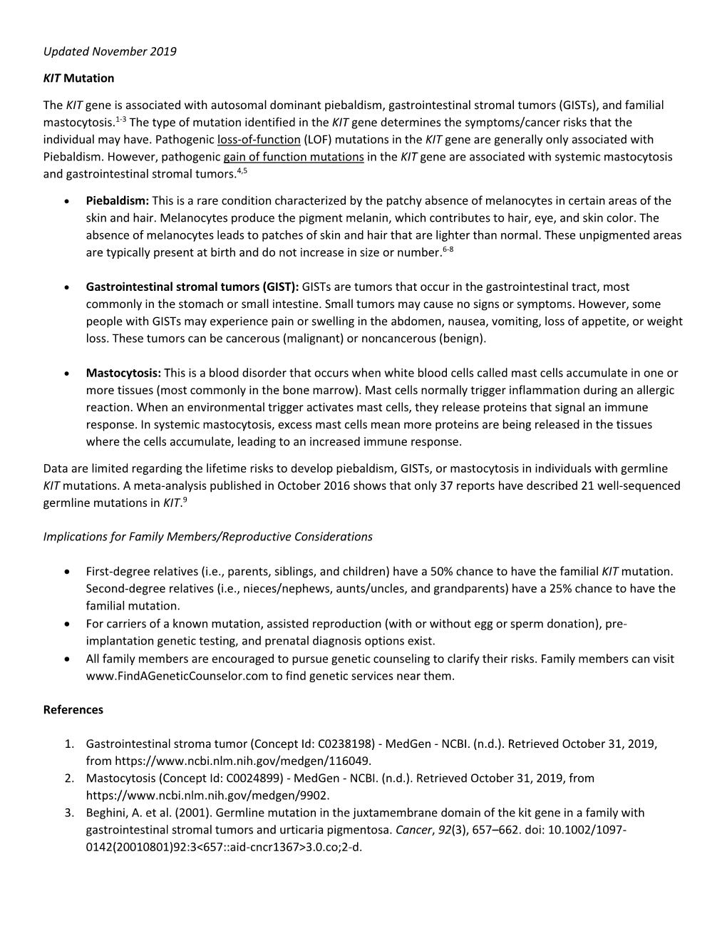 Updated November 2019 KIT Mutation the KIT Gene Is Associated With