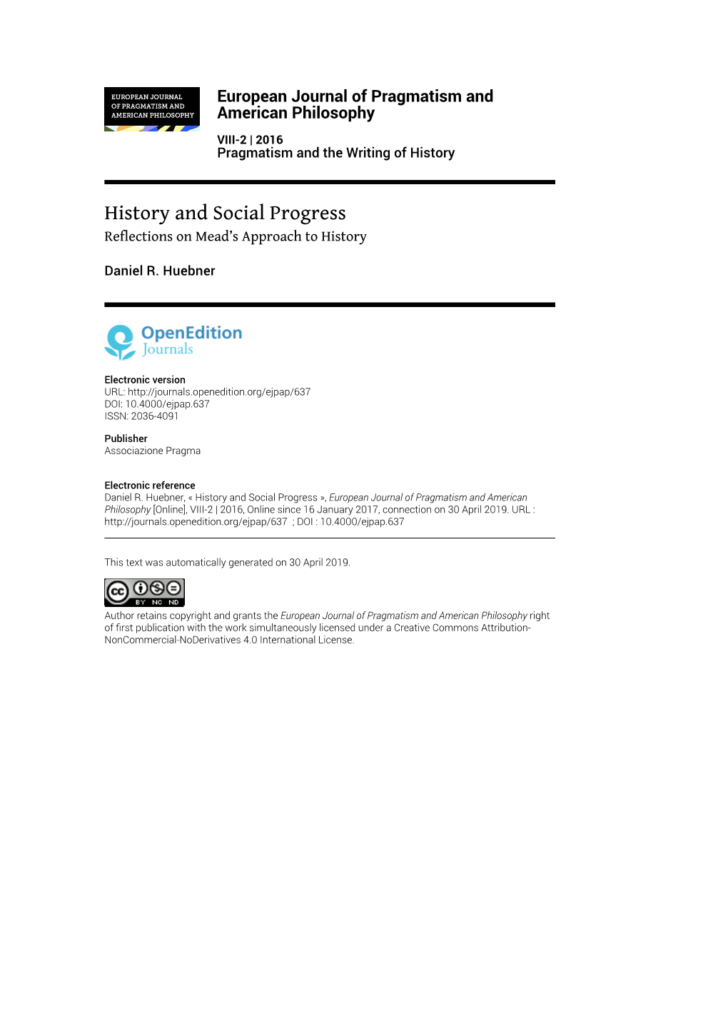 European Journal of Pragmatism and American Philosophy, VIII-2 | 2016 History and Social Progress 2