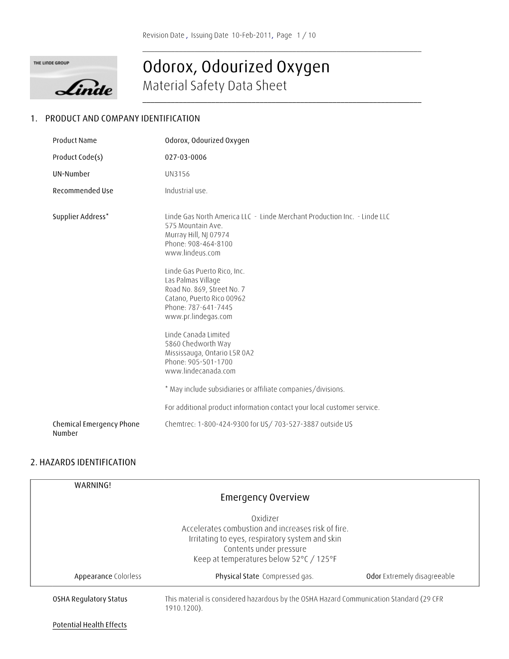 Odorox, Odourized Oxygen Material Safety Data Sheet ______