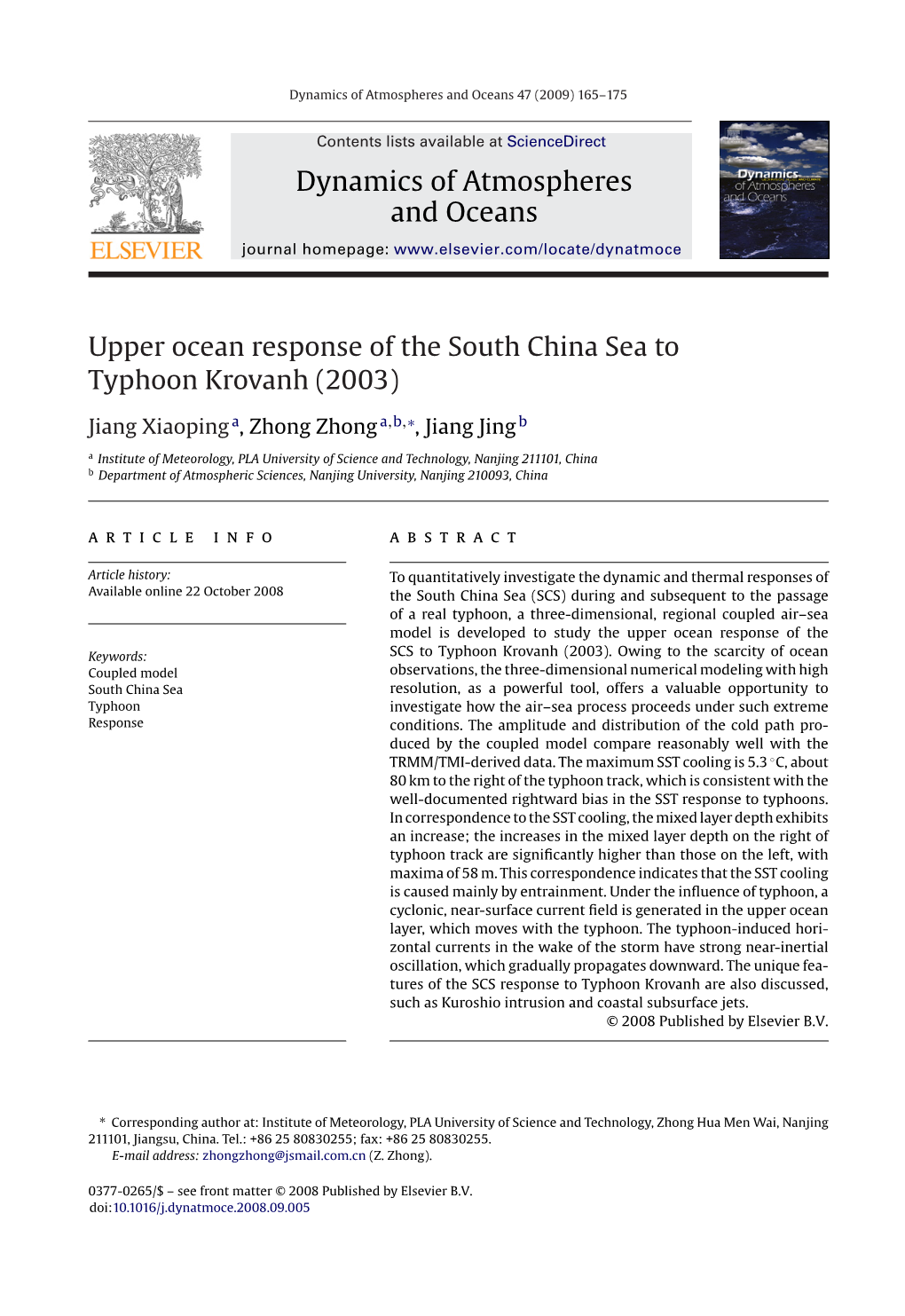 Dynamics of Atmospheres and Oceans Upper Ocean Response Of