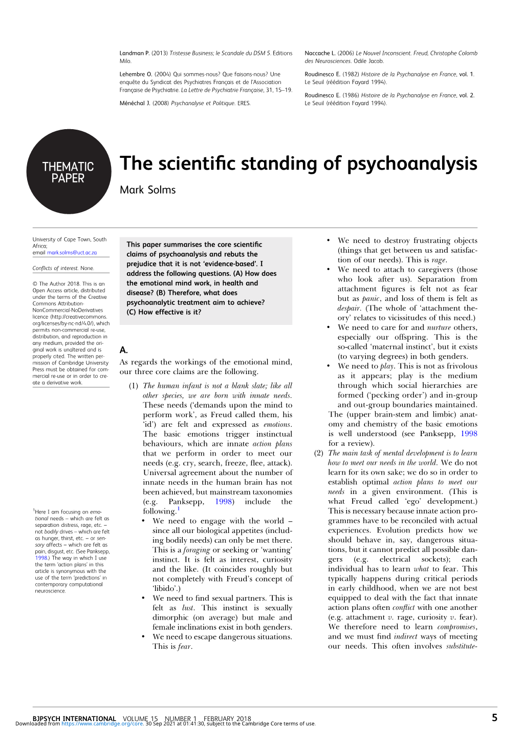 The Scientific Standing of Psychoanalysis