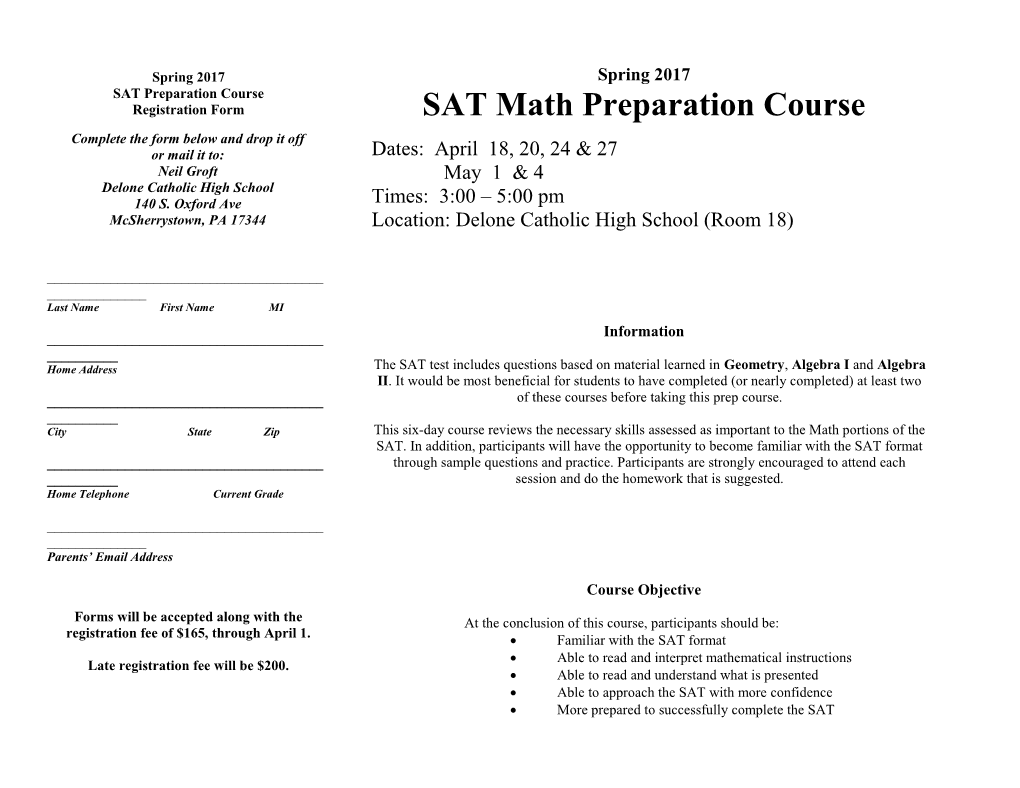 Spring 2017 SAT Math Preparation Course