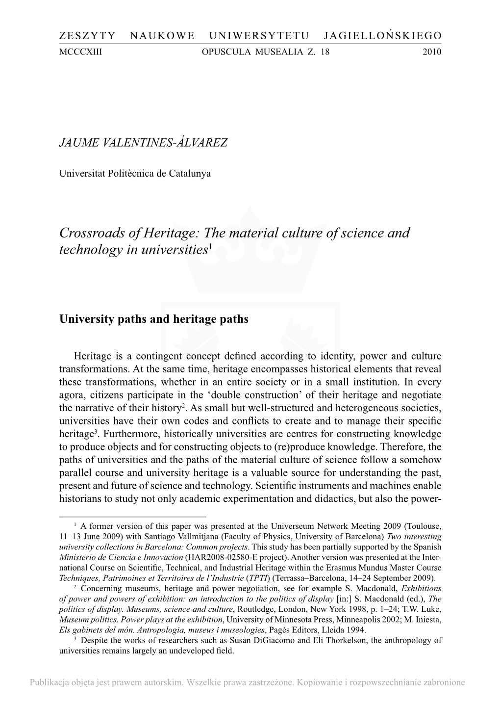 Crossroads of Heritage: the Material Culture of Science and Technology in Universities1