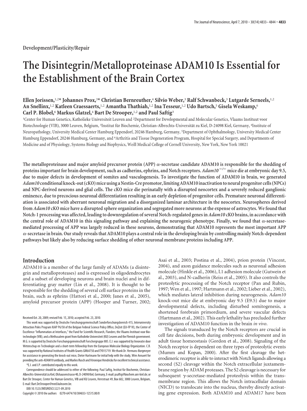 The Disintegrin/Metalloproteinase ADAM10 Is Essential for the Establishment of the Brain Cortex