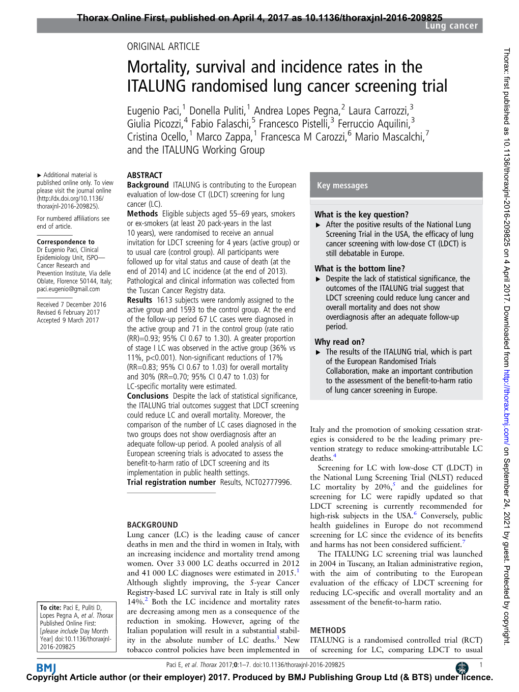 Mortality, Survival and Incidence Rates in the ITALUNG Randomised Lung