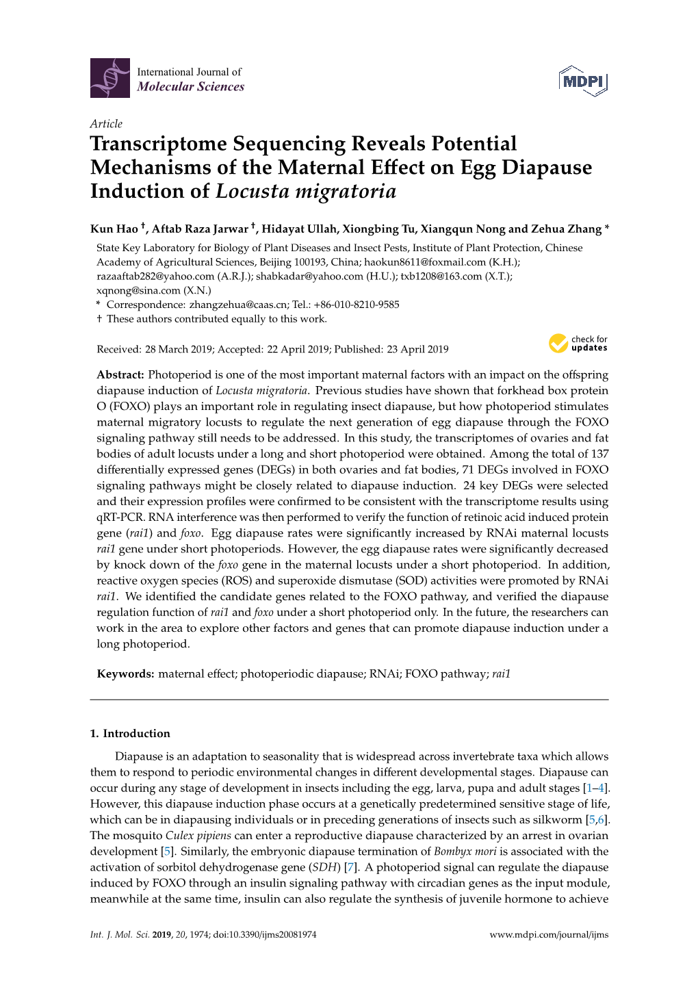Transcriptome Sequencing Reveals Potential Mechanisms of the Maternal Eﬀect on Egg Diapause Induction of Locusta Migratoria