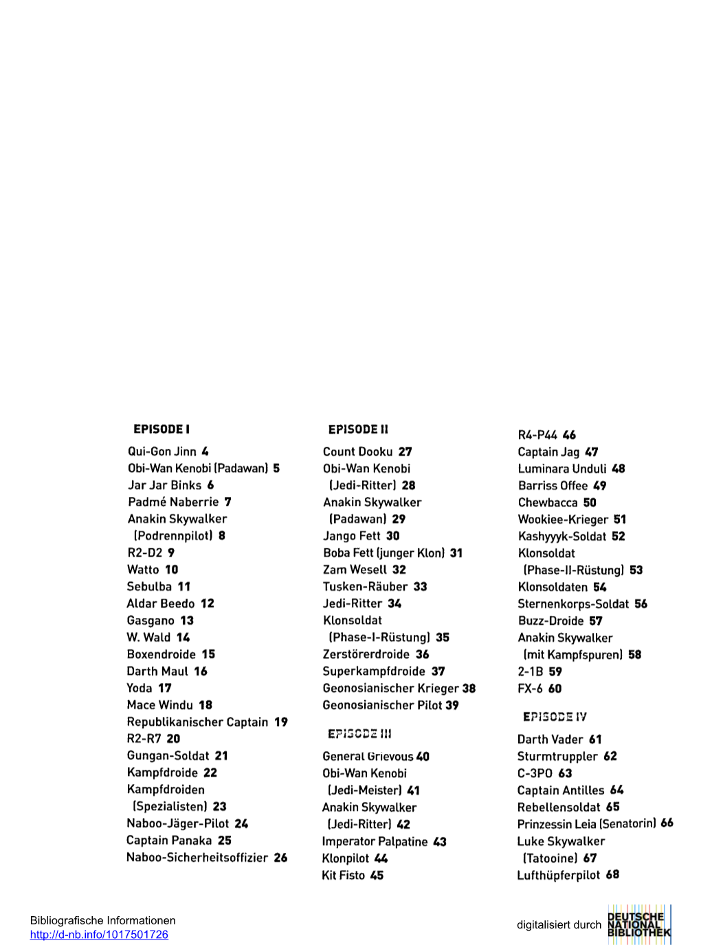 Qui-Gonjinn 4 Obi-Wan Kenobi (Padawan) 5 Jarjarbinks 6 Padmé Naberrie 7 Anakin Skywalker (Podrennpilot) 8 R2-D2 9 Watto 10 Sebu