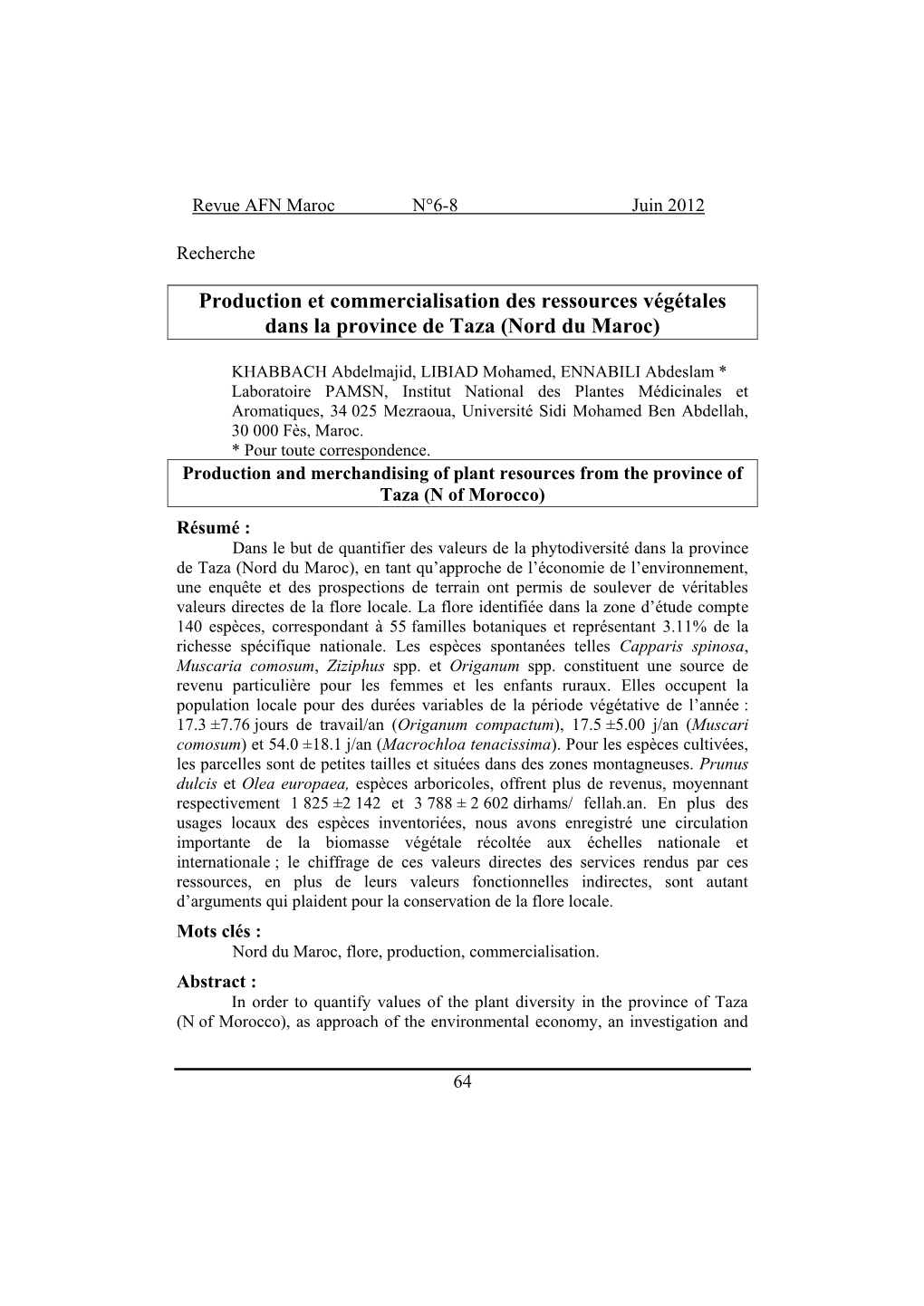 Production Et Commercialisation Des Ressources Végétales Dans La Province De Taza (Nord Du Maroc)