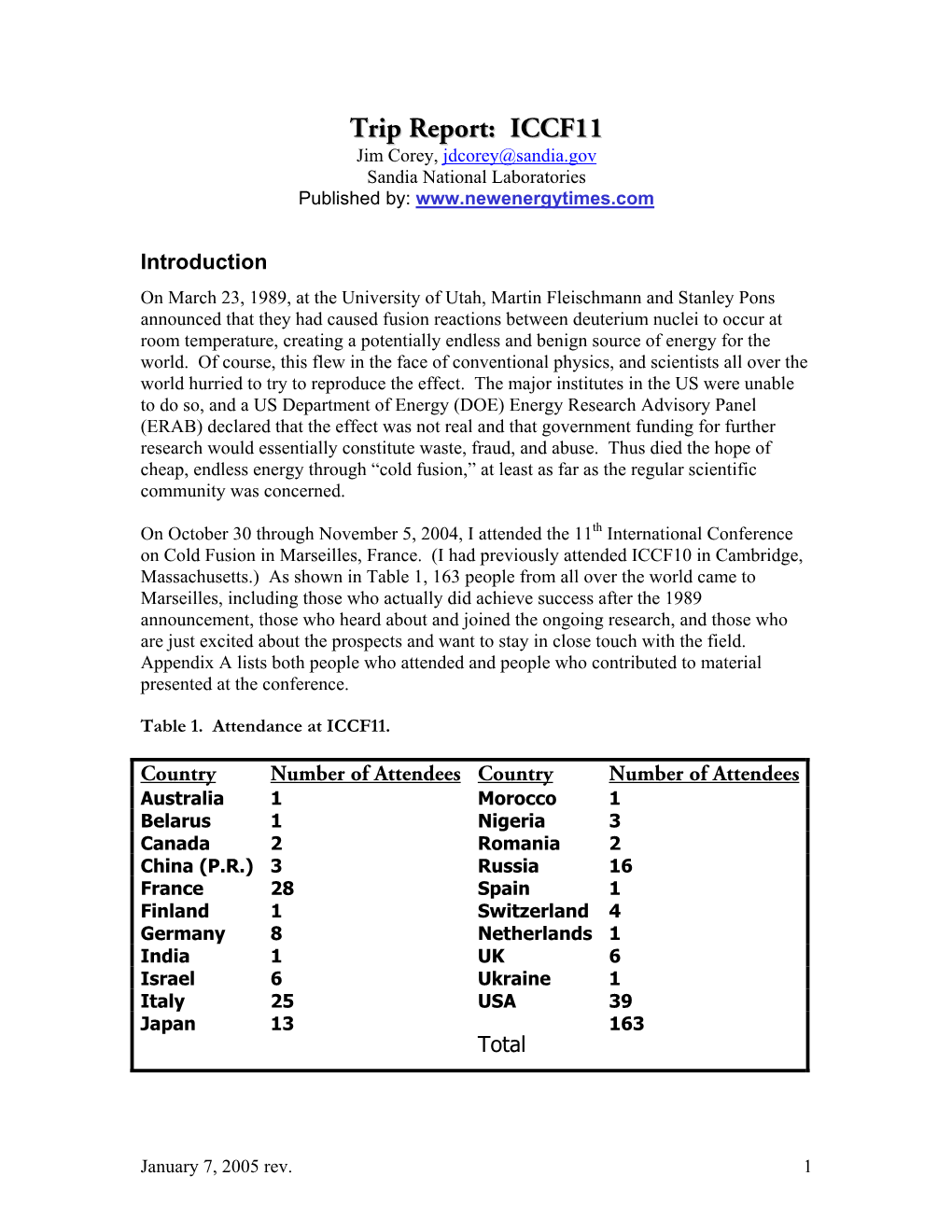 Trip Report: ICCF11 Jim Corey, Jdcorey@Sandia.Gov Sandia National Laboratories Published By