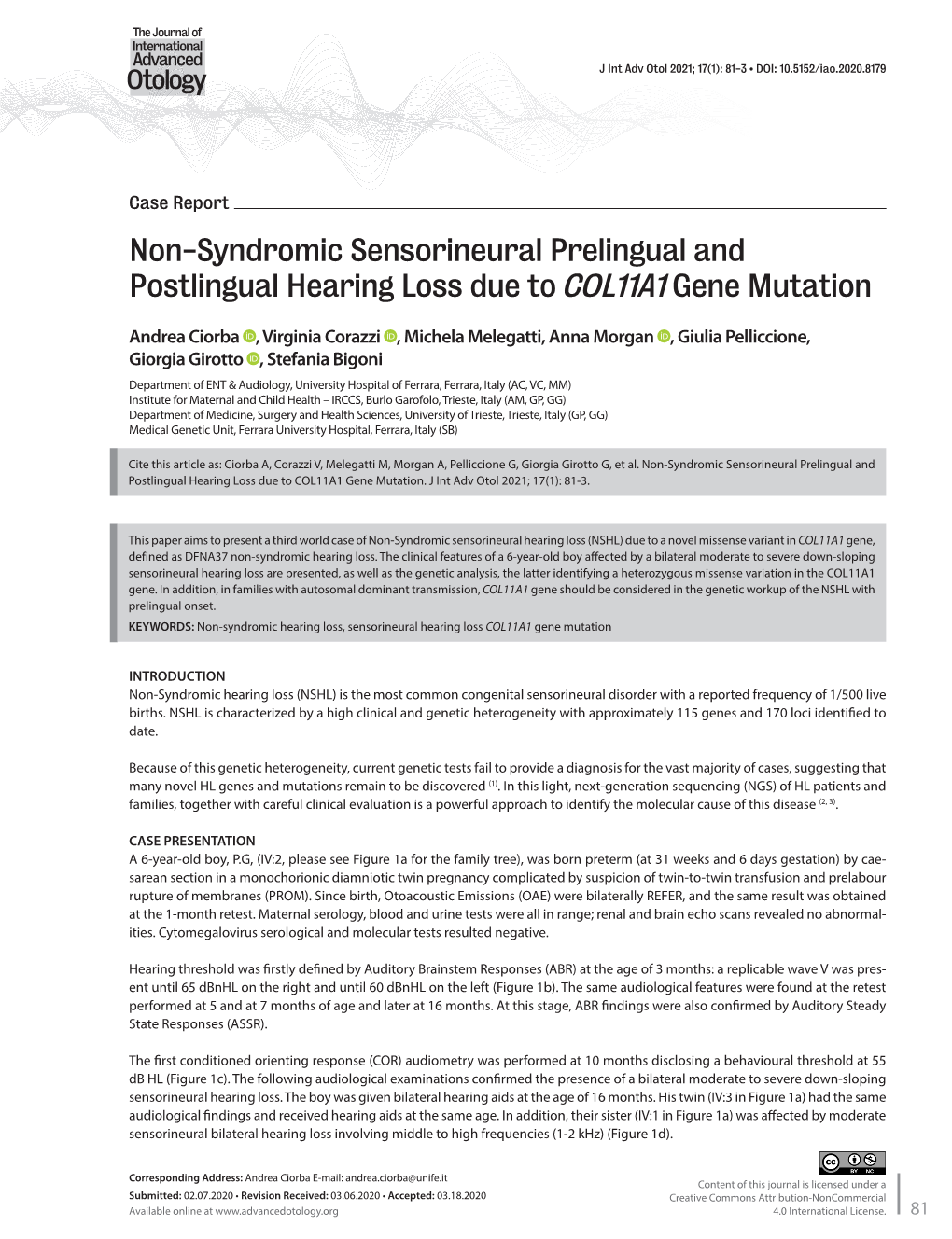 Non-Syndromic Sensorineural Prelingual and Postlingual Hearing Loss Due to COL11A1 Gene Mutation