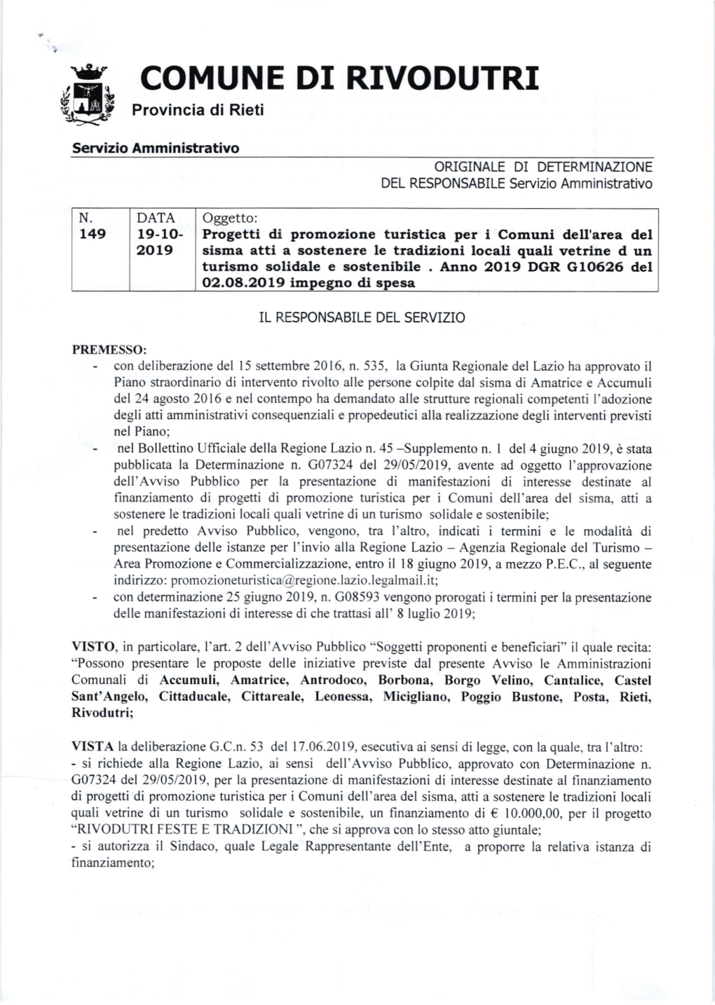 Ìar COMUNE DI RIVODUTRI @§ Provincia Di Rieti Servizio Amministrativo ORIGINALE DI DETERMINMIONE DEL RESPONSABILE Servizio Amministrativo