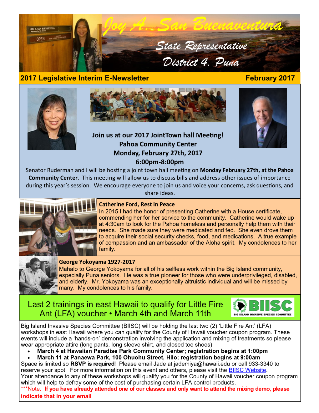 Joy A. San Buenaventura State Representative District 4, Puna 2017 Legislative Interim E-Newsletter February 2017