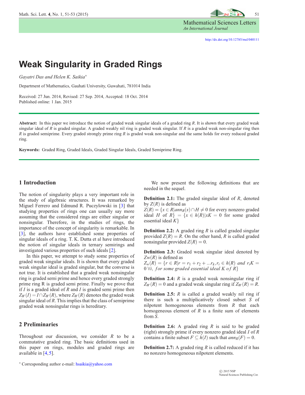 Weak Singularity in Graded Rings -.:: Natural Sciences Publishing