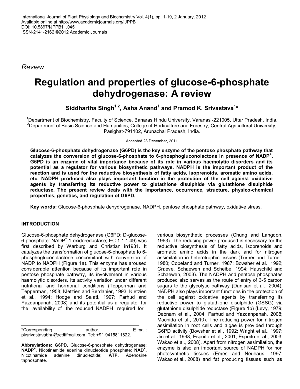 Regulation and Properties of Glucose-6-Phosphate Dehydrogenase: a Review