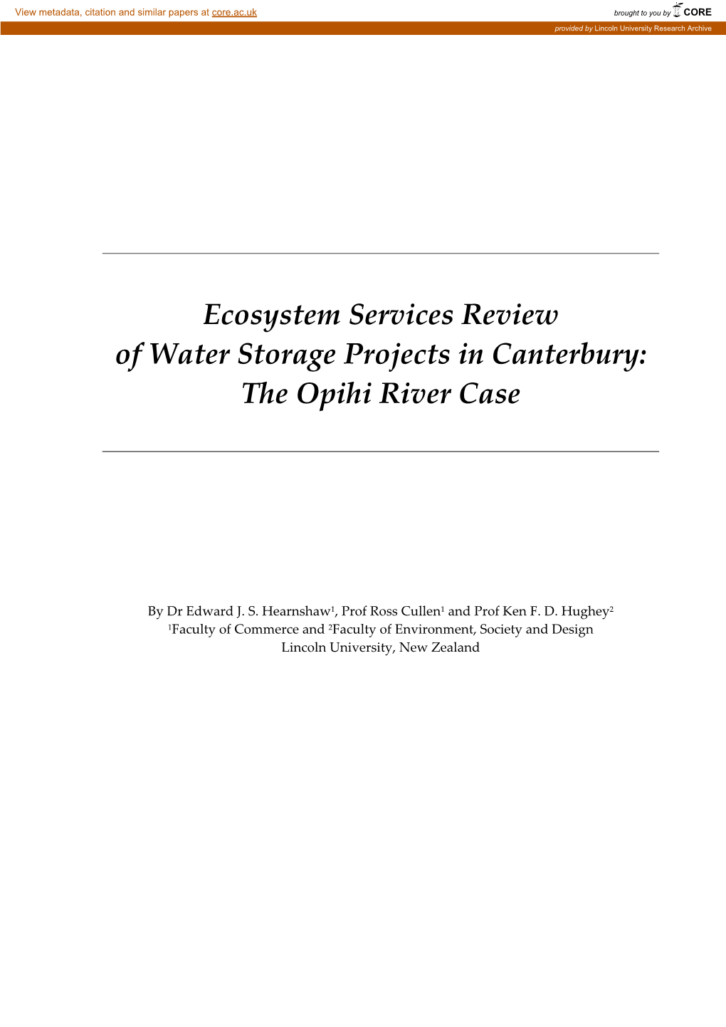 Ecosystem Services Review of Water Storage Projects in Canterbury: the Opihi River Case