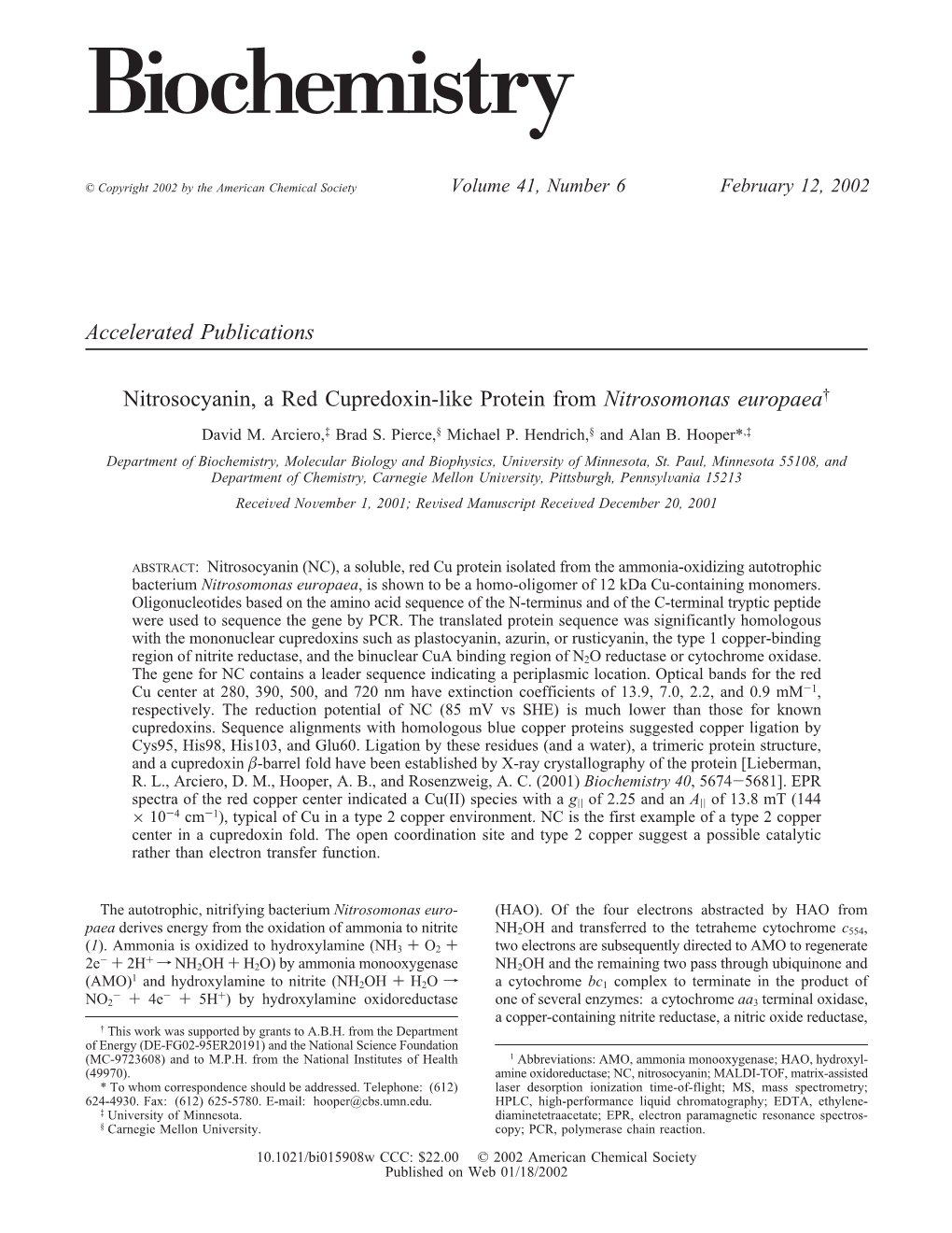 Nitrosocyanin, a Red Cupredoxin-Like Protein from Nitrosomonas Europaea† David M