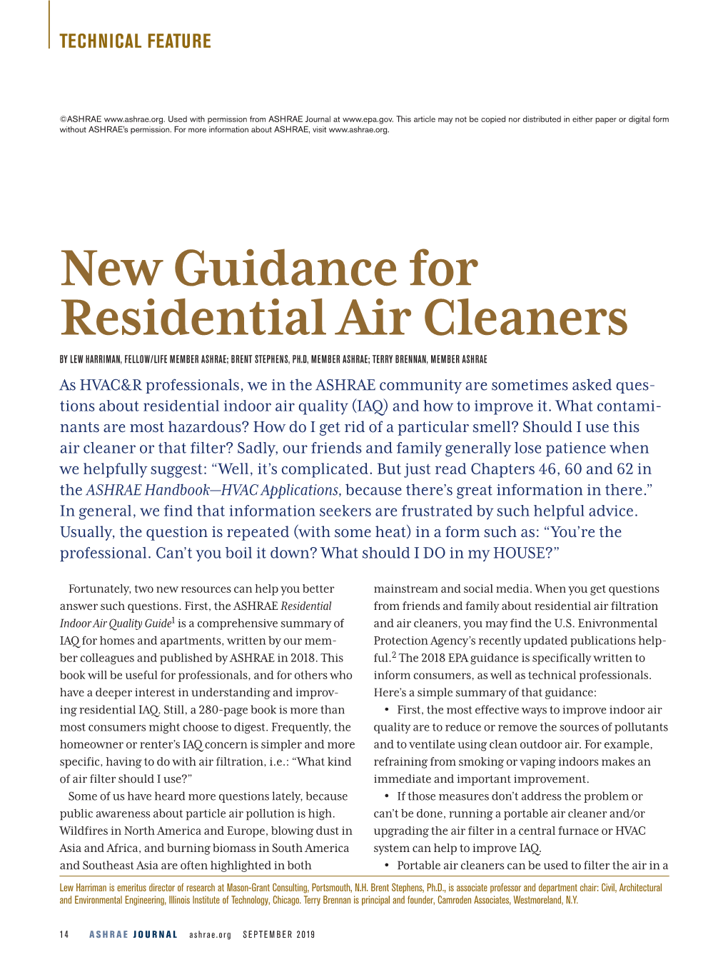 New Guidance for Residential Air Cleaners- ASHRAE Journal Sep 2019