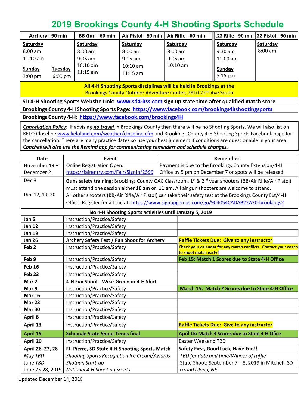 2019 Brookings County 4-H Shooting Sports Schedule