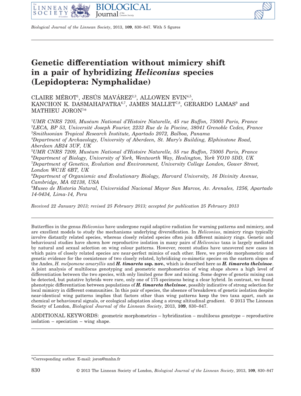 Genetic Differentiation Without Mimicry Shift in a Pair of Hybridizing Heliconius Species (Lepidoptera: Nymphalidae)