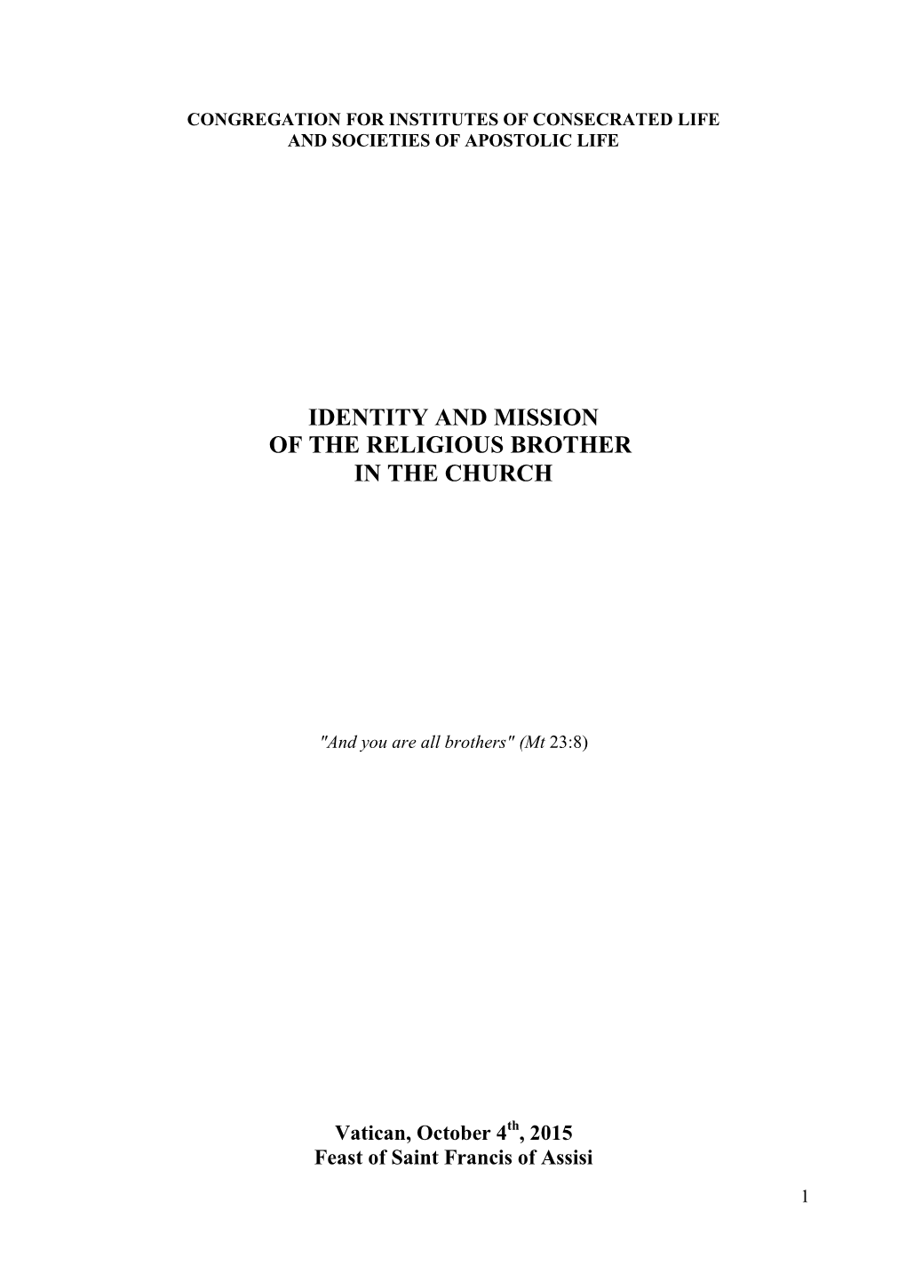 Identity and Mission of the Religious Brother in the Church