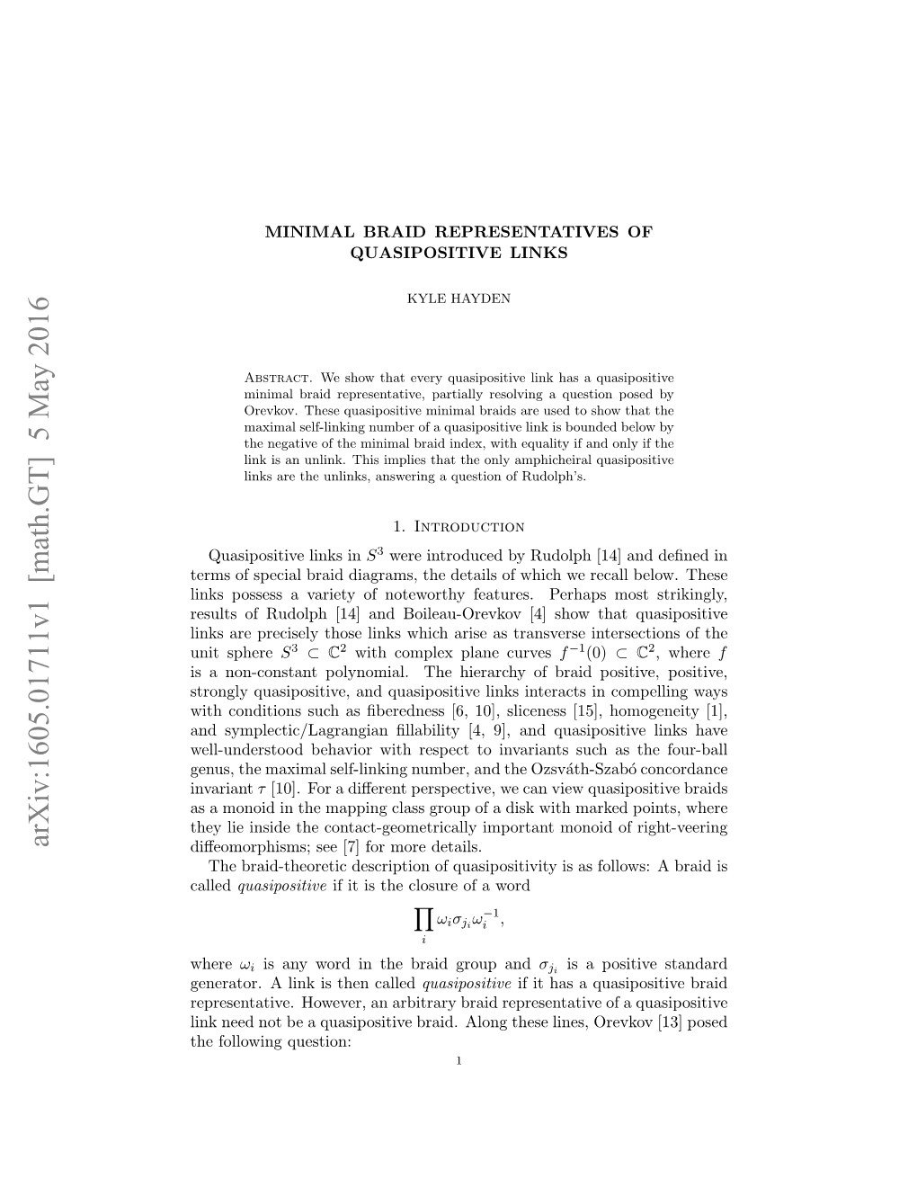 Arxiv:1605.01711V1 [Math.GT] 5 May 2016 Diﬀeomorphisms; See [7] for More Details